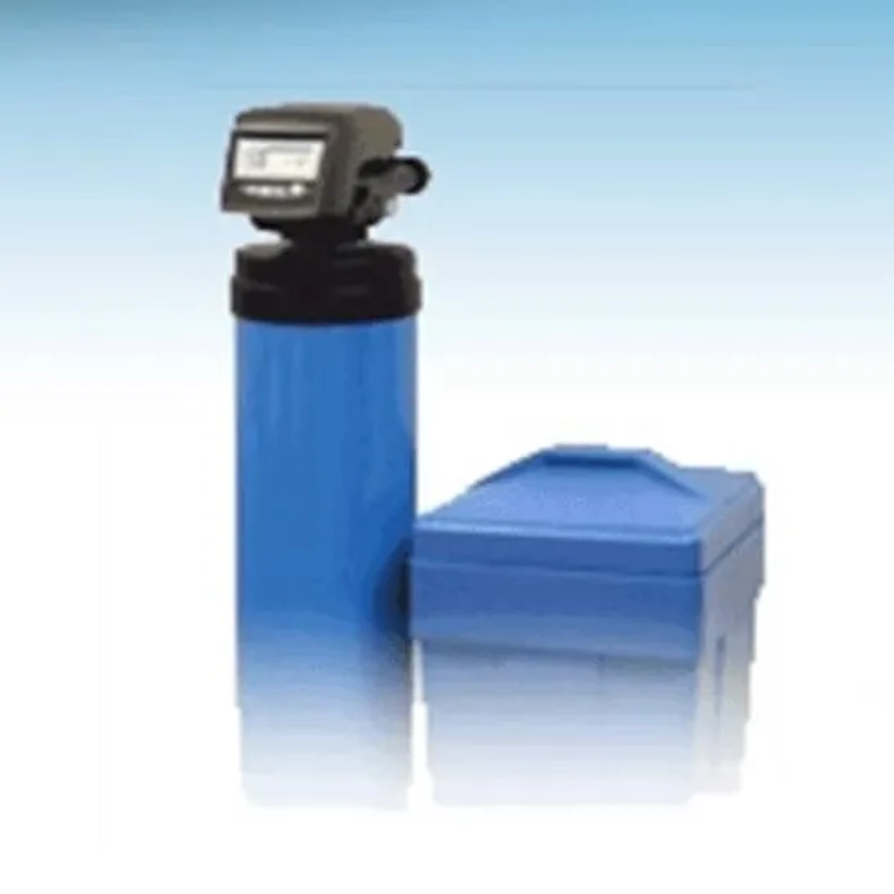 B and B Water Softener with a digital head, featuring a blue resin tank and a compact square brine tank.