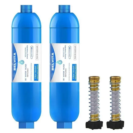 2 Pack of BELVITA RV Inline Water Filter with Flexible Hose Protector.