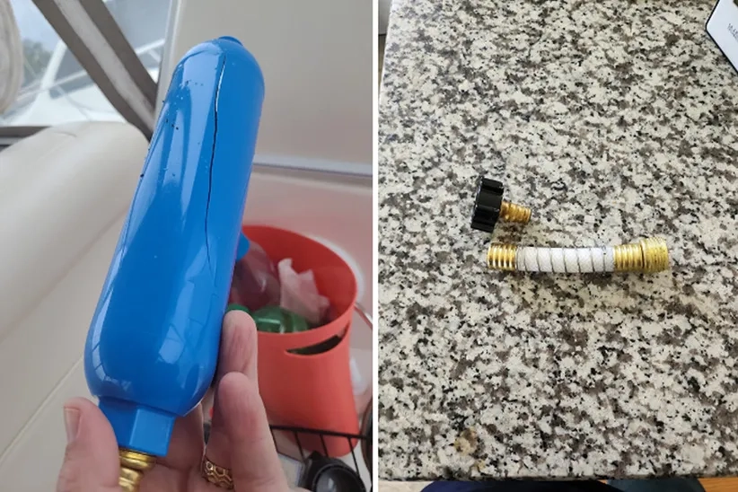 BELVITA RV inline water filter is cracked and its hose breaks apart.