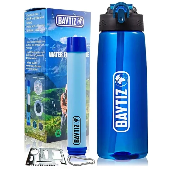 Baytiz Filtered Water Bottle with Filtering Straw and Survival Card.