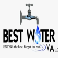 Best Water VA LLC logo featuring a blue gradient water droplet icon with an integrated green checkmark next to the stacked navy and green text "Best Water VA LLC" on a white background