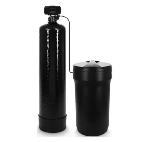Residential water softening system with black tank and controller for water filtration services.