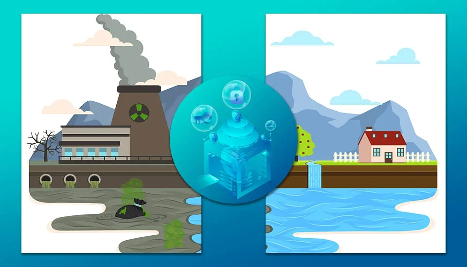 A visual comparison illustrating the impact of blockchain technology on industrial wastewater management. The left side depicts a polluted environment with a factory emitting smoke and polluting a river. The right side shows a clean environment with a house and a healthy river, suggesting improved water quality through the implementation of blockchain-based solutions for wastewater treatment.