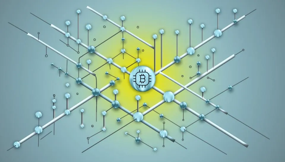 An abstract representation of a blockchain network, with interconnected nodes and a central Bitcoin symbol. This symbolizes the decentralized and secure nature of blockchain technology as applied to water supply and distribution management.