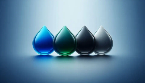 A conceptual image of four distinct water drops in blue, green, black, and grey, representing different types of water.