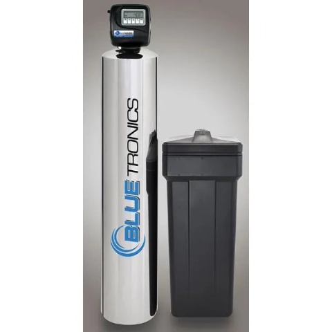 luetronics whole house water softener by Bluewater International including a black brine tank.
