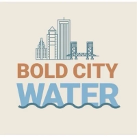 Bold City Water logo featuring a blue line-art drawing of the Jacksonville, FL skyline and Main Street Bridge