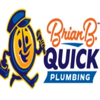 Brian B. Quick Plumbing logo featuring a running cartoon stopwatch mascot holding a pipe wrench next to the stacked orange script and navy block typography on a white background
