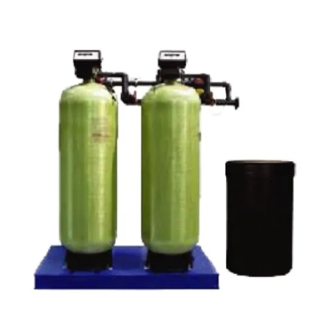 Bright Water industrial water softener setup featuring a duplex alternating media tank configuration.