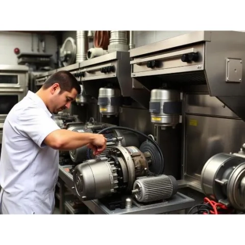 Worker repairing industrial pump and motor assembly in factory showing electromechanical maintenance process