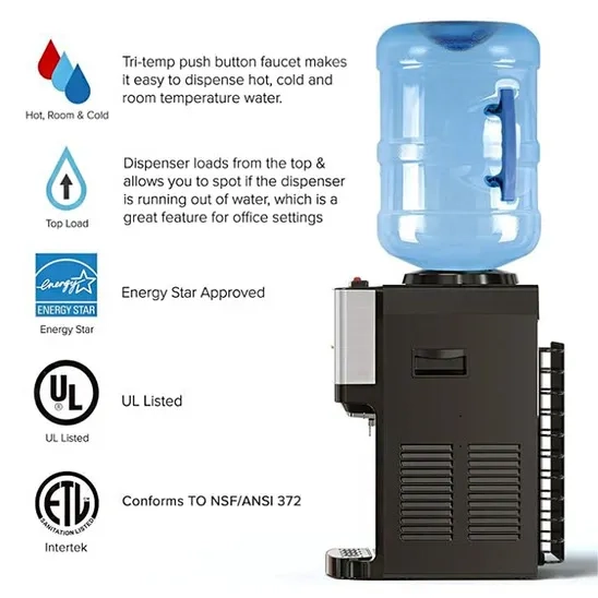 Features and certifications of the Brio Limited Edition Top Loading Countertop Water Dispenser.