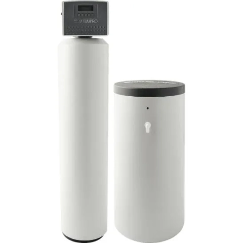 Brita PRO catalytic carbon filtration water softener with white mineral tank and brine tank