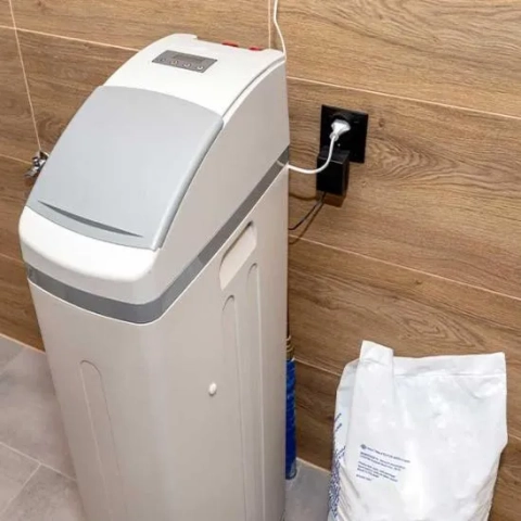 Residential water softener unit with modern digital controls, brine tank, and a bag of water softener salt in a utility room.