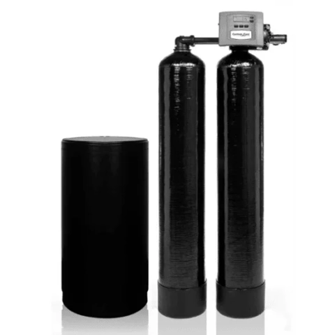 CustomCare C40 twin-tank water softener system with two black resin tanks and brine tank