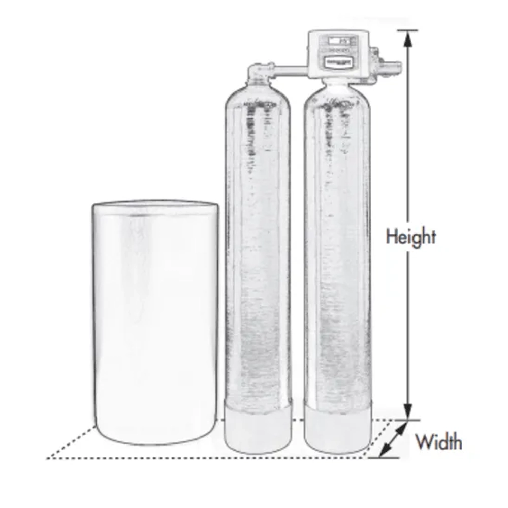 Diagram showing the Height and Width dimensions for the CustomCare C40 twin-tank water softener