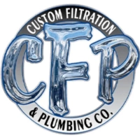 Custom Filtration Plumbing blue and white company logo.