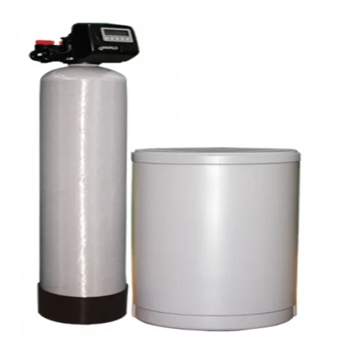 Marlo Incorporated CMP Combination Series water softener with gray resin tank and brine tank.