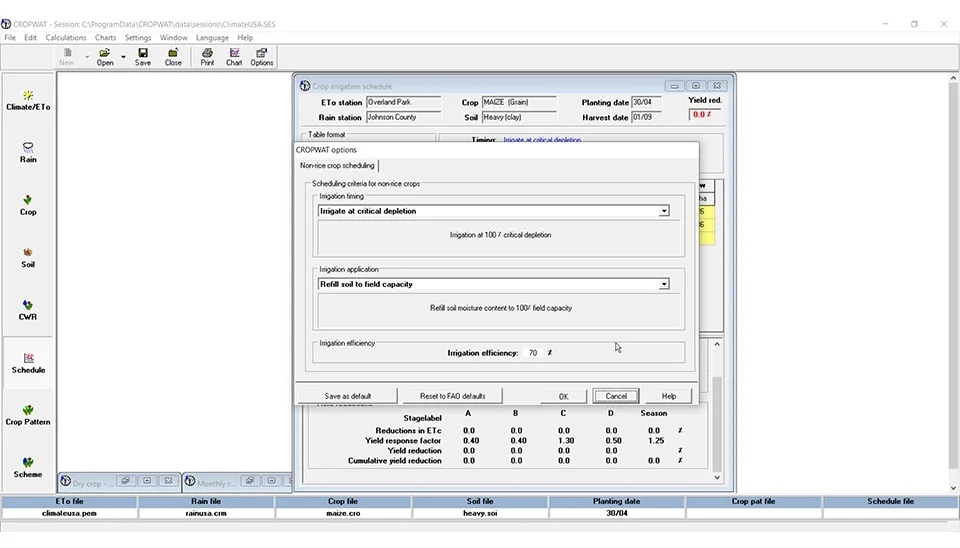 Screenshot of the Cropwat software interface showing the Options menu within the Non-Rice Crop Scheduling tab, where users can define irrigation timing and application methods, such as irrigation at critical depletion, irrigation at fixed intervals, or irrigation based on user-defined application depths.