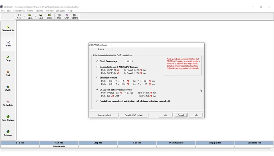 Screenshot of the Cropwat software interface showing the Rainfall Options menu, where users can select the method for calculating effective rainfall, such as fixed percentage, dependent rain formula, or empirical formula.