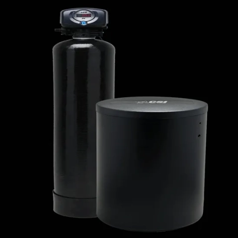 CSI Water Treatment S4 black two-tank water softener system featuring a digital control valve.