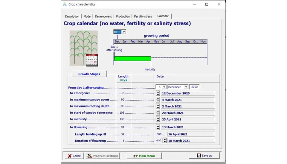 AquaCrop software interface displaying the "Calendar" tab within the crop characteristics window. This tab provides an overview of key dates during the growing season, such as planting date, harvest date, and other important phenological stages