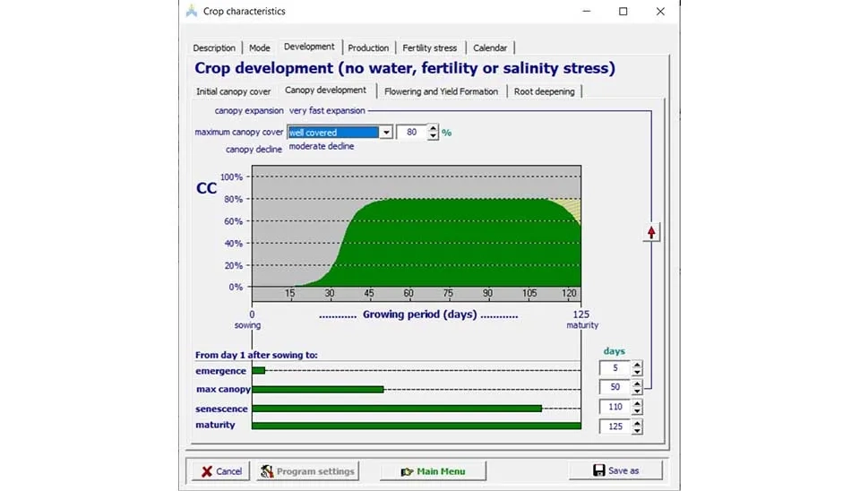 Screenshot of the AquaCrop software interface showing the "Canopy Development" tab. This tab allows users to define key parameters related to crop canopy growth, such as maximum canopy cover and development rate, which are crucial for accurate simulation of crop growth and yield.