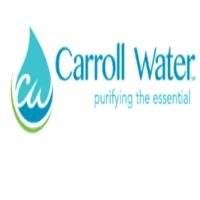 Carroll Water logo featuring a teal and blue teardrop icon with a white "cw" script monogram and a green underline stroke next to the text "Carroll Water purifying the essential" on a white background