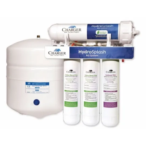 Full view of the Charger HydroSplash under-sink RO water filter and pressurized white storage tank.