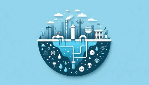 An illustration showing an underground water system contaminated by industrial waste and other pollutants.