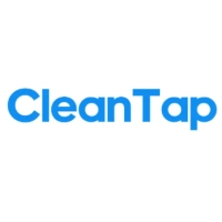 CleanTap logo featuring a modern, vibrant sky blue geometric sans-serif wordmark displayed on a solid white background