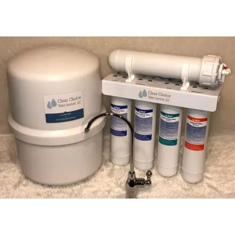 Clear Choice Hydro Pro five-stage reverse osmosis system with tank and chrome faucet.
