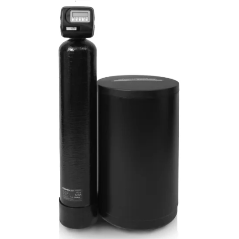 Clear Water Softeners whole-house system with a black resin tank and separate brine tank.