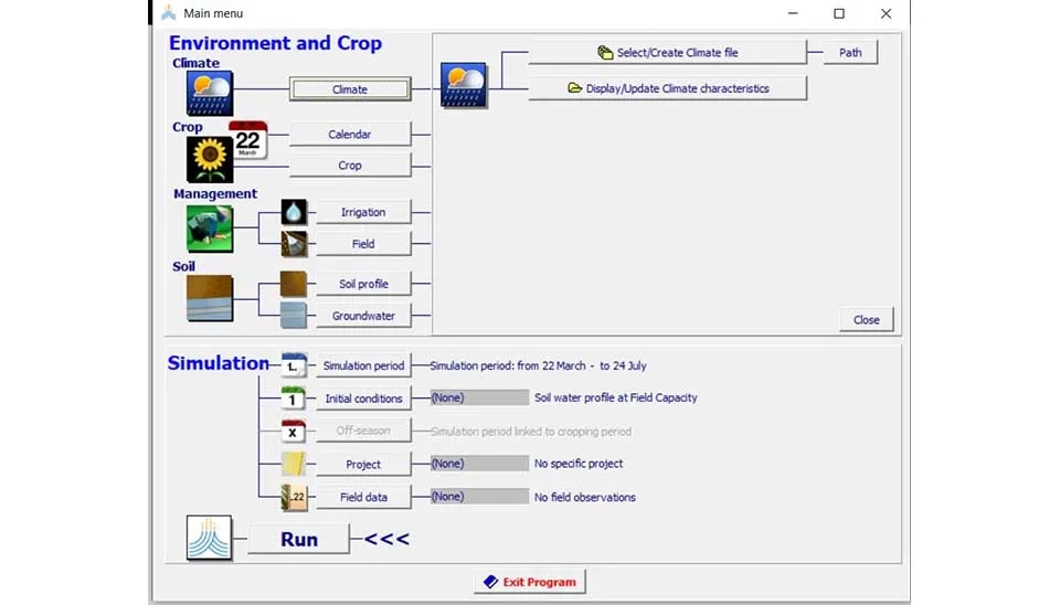 AquaCrop software interface showing the window for importing or creating climate data files, including options for temperature, reference evapotranspiration (ETo), rainfall, and CO2 concentration.