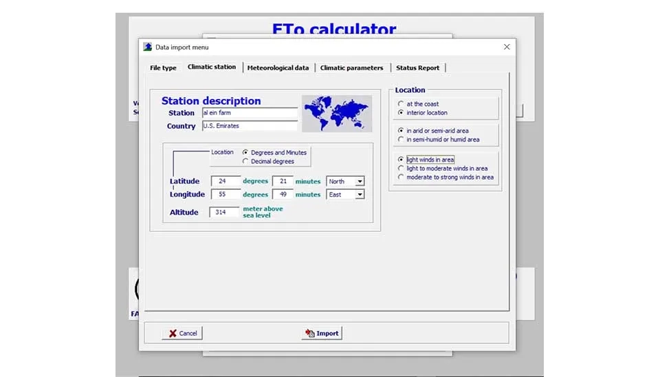 ETo Calculator Climate station window - Latitude, Longitude, Altitude, Coastal, Wind Speed inputs.