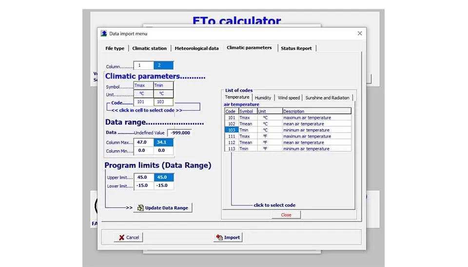 ETo Calculator data import Climatic parameters tab: Parameter type and unit settings.