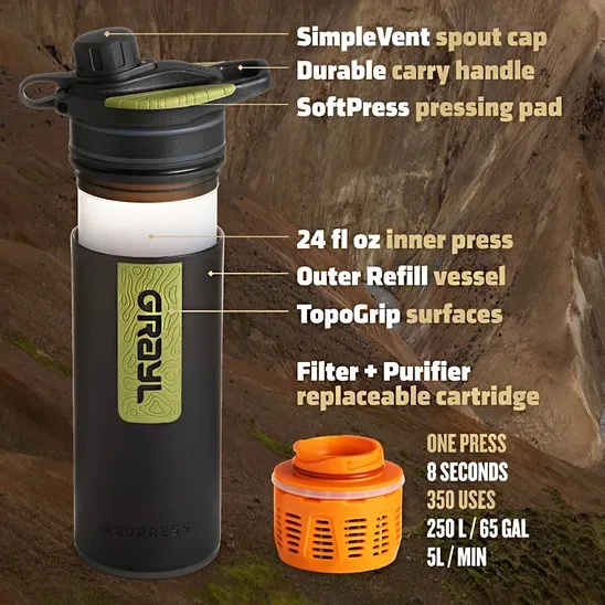 Components of GRAYL GeoPress 24oz Filter Water Bottle.