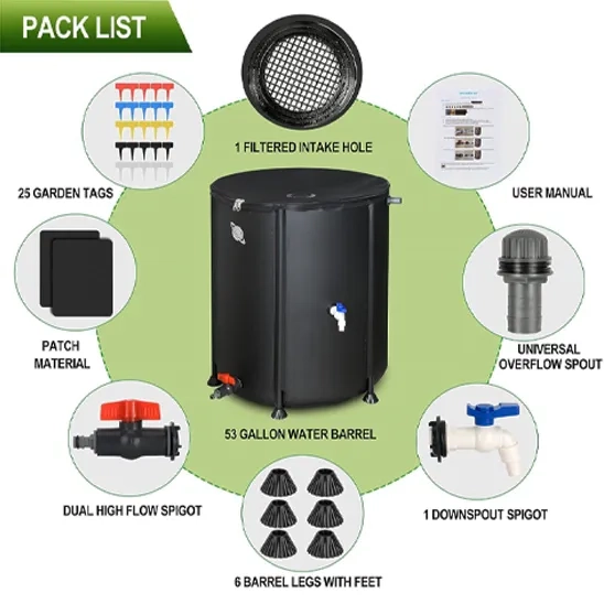 Components of Lostronaut 53 gallon portable rainwater barrel 