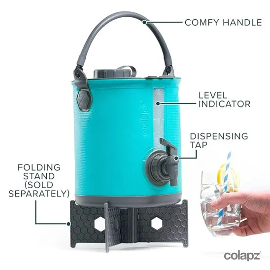 Components of the Colapz Collapsible Water Container include a handle, dispensing tap, level indicator, and folding stand.