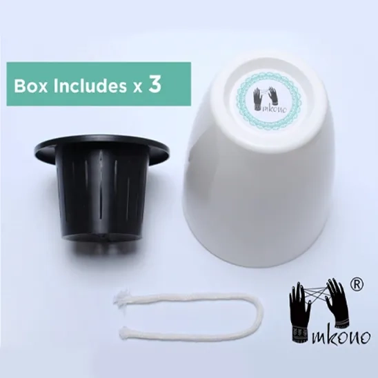 Components of the Mkono 3 Pack Self Watering Planter Pots include an inner basket, cotton rope, and the main planter.