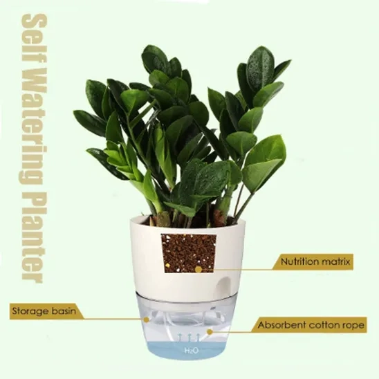 Components of the Vanavazon Self Watering Planter include a storage basin and an absorbent cotton rope.