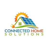 Connected Home Solutions logo featuring a solar-powered house icon with a rising sun and an electrical plug, representing integrated smart home and renewable energy services.