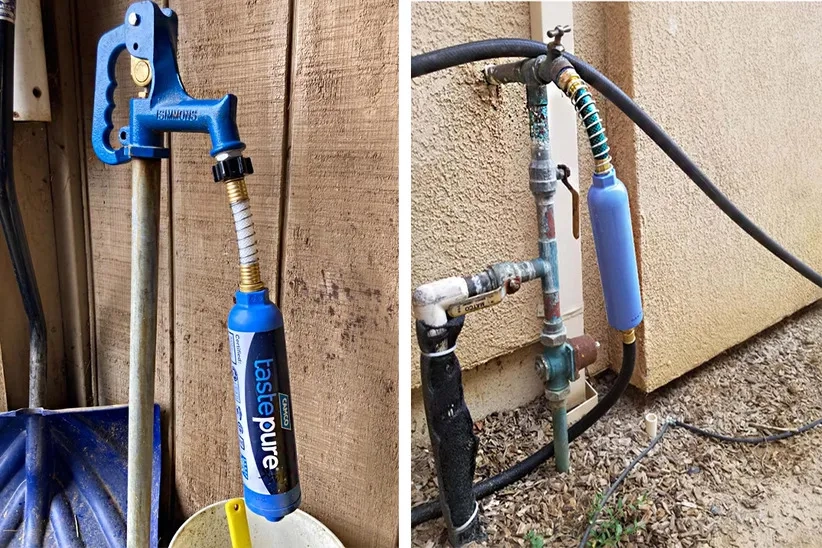 Camco TastePURE Water Filtration System is connected to a pipeline and provides pure and refreshing water.