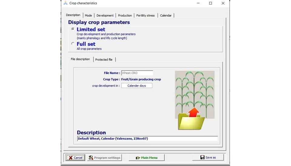 AquaCrop software interface displaying the window for entering crop-specific parameters, such as planting date, development stages, and yield potential.