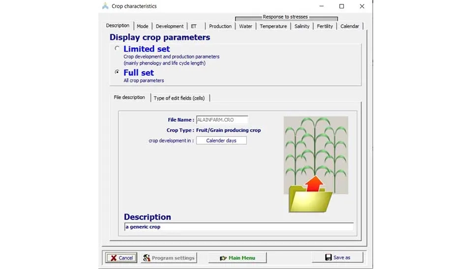 AquaCrop software interface displaying the crop characteristics window in full mode, providing access to advanced parameters and calibration options for experienced users.