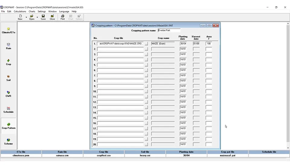 Table within the CROPWAT software interface for defining the cropping pattern, including information on crop name, planting date, harvest date, and the percentage of the area planted with each crop.