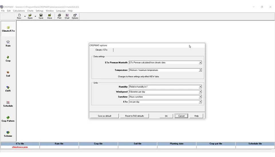 Screenshot of the Cropwat software interface showing the Options menu within the Climate/ET0 window, where users can adjust data settings, units, and other parameters for calculating reference evapotranspiration (ET0).