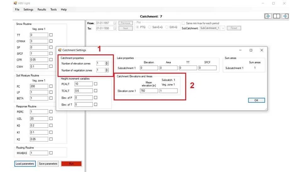 Screenshot of the "Catchment Settings" tab in HBV-light software, highlighting the sections for defining elevation zones and vegetation zones within the catchment area.