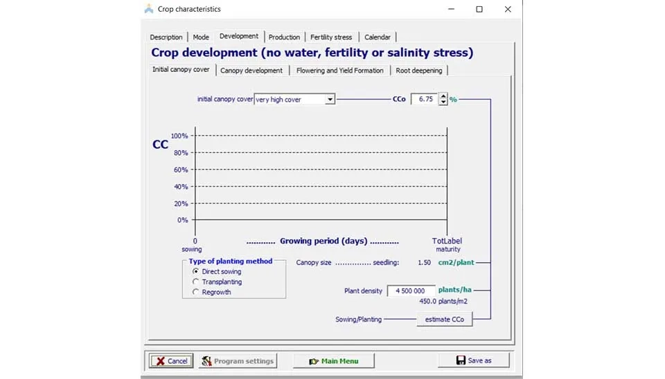 AquaCrop software interface displaying the "Canopy Development" tab within the crop characteristics window, where users can define parameters related to crop canopy growth, such as maximum canopy cover and development rate