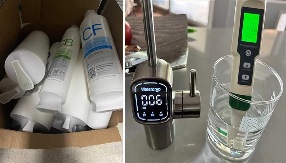 The Waterdrop shows a TDS reading of 6, while the TDS meter reads 36, highlighting a discrepancy between the two measurements.