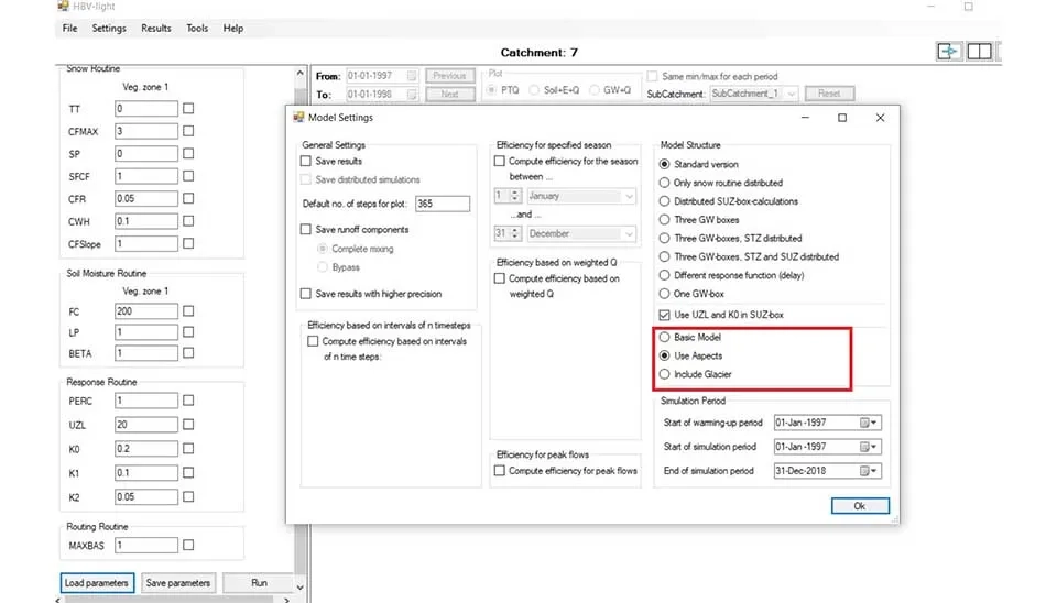 Screenshot of the HBV-light software interface displaying a list of available model configurations, including Basic Model, Aspects Model, and Include Glacier configuration.